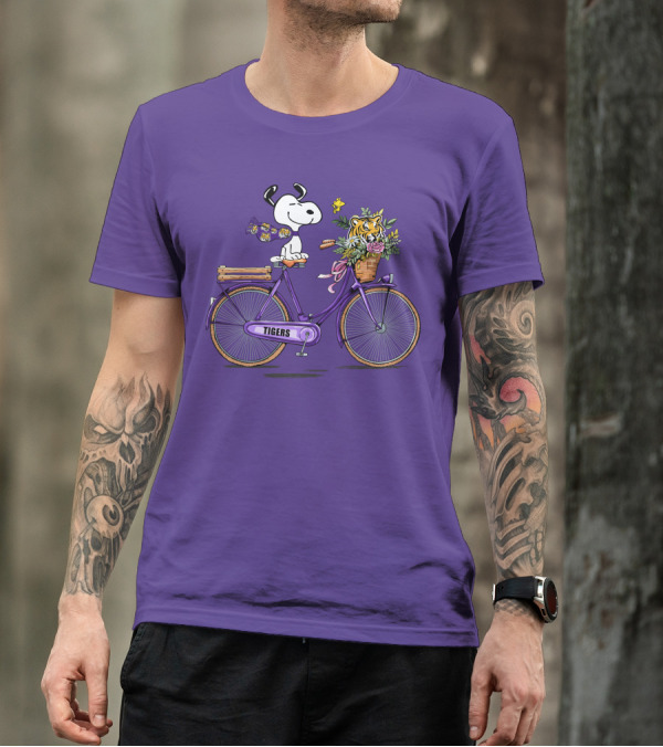 Snoopy Riding Purple Bicycle With LSU Tigers Bouquet T-Shirt