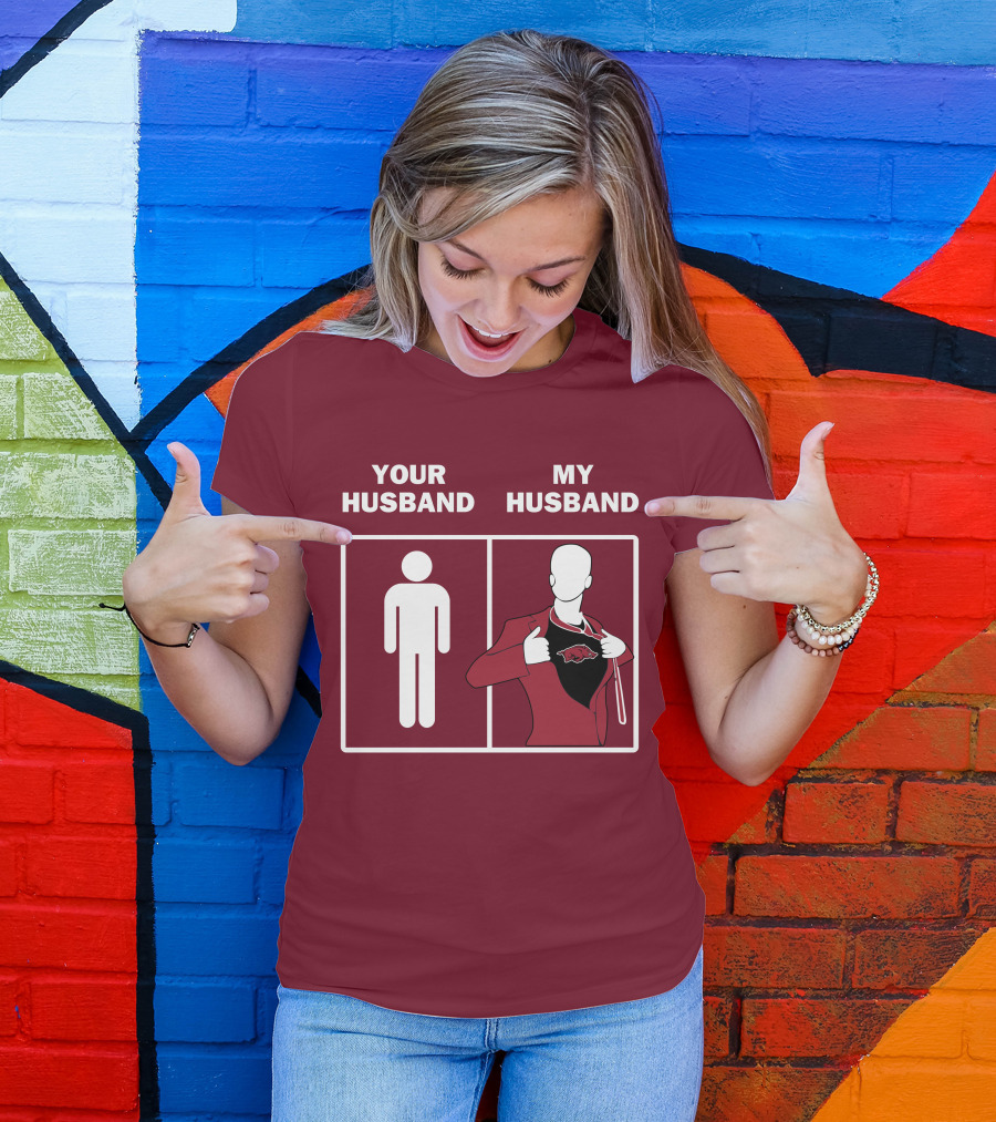 Arkansas Razorbacks Your Husband My Husband Superhero Fan Comparison T-Shirt