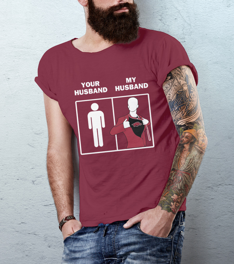 Arkansas Razorbacks Your Husband My Husband Superhero Fan Comparison T-Shirt