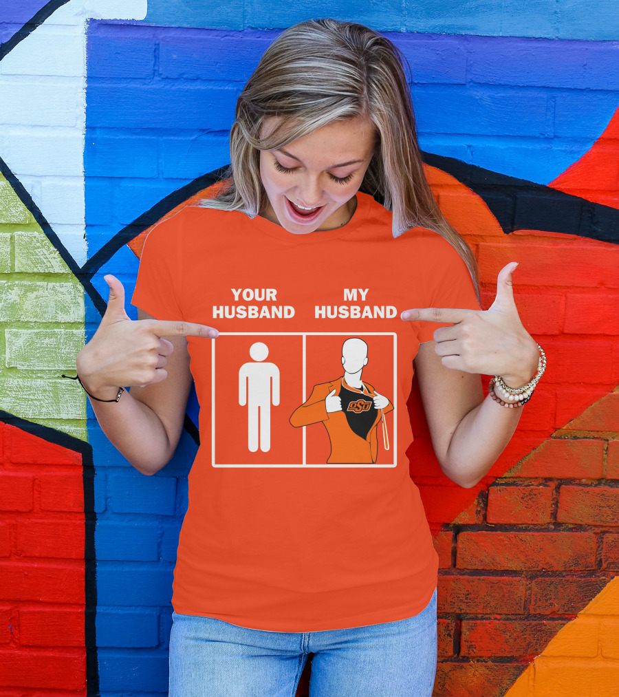 Oklahoma State Cowboys Your Husband My Husband OSU Logo Superhero Orange Suit T-Shirt