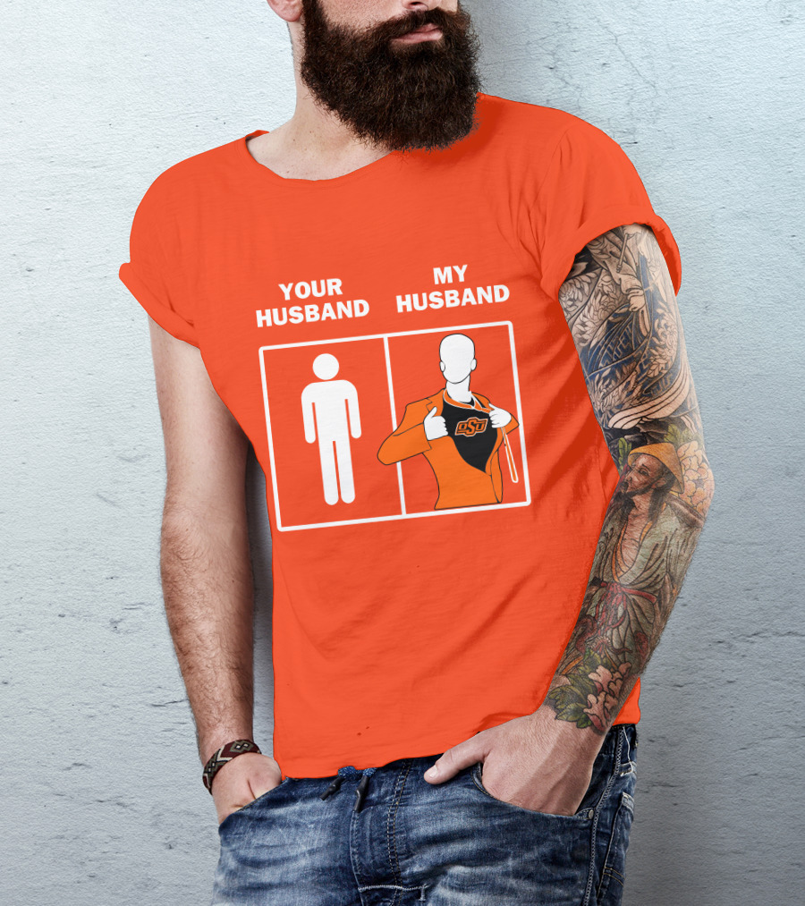 Oklahoma State Cowboys Your Husband My Husband OSU Logo Superhero Orange Suit T-Shirt