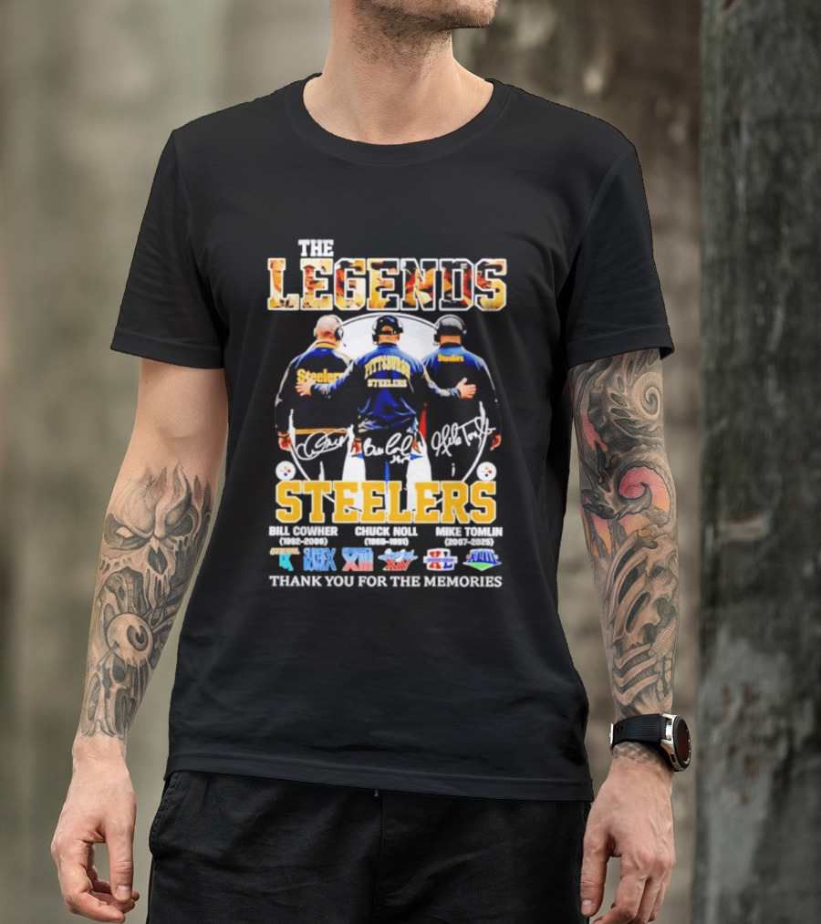 Pittsburgh Steelers Legends Bill Cowher Chuck Noll Mike Tomlin Thank You For The Memories T-Shirt
