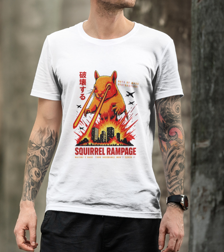 Squirrel Rampage Laser Eyes Skyline Destruction Nuts Of Mass Destruction T-Shirt