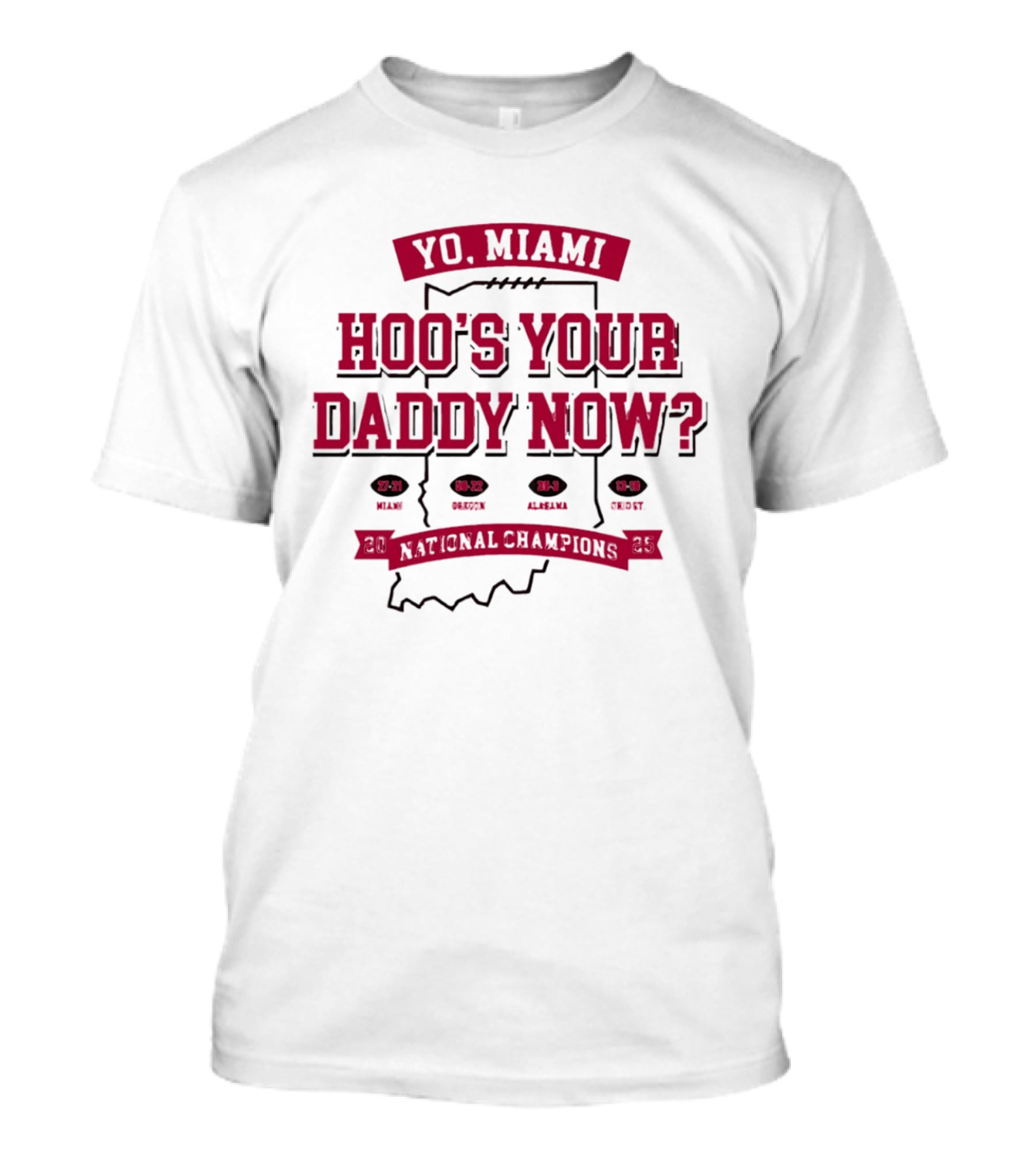Yo Miami Hoo's Your Daddy Now National Champion 27 21 Texas 54 52 Miami 38 31 Alabama 45 9 Oregon T-Shirt