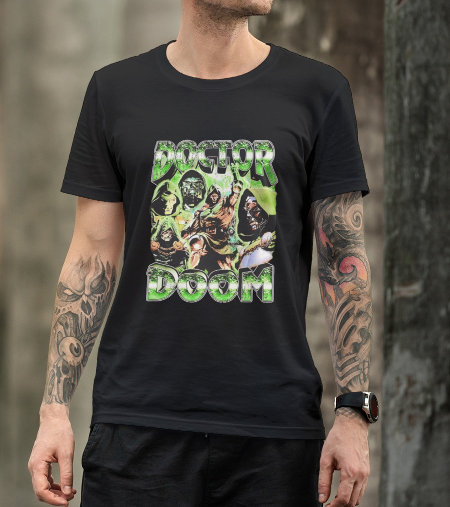 Doctor Doom 90s Bootleg Rap Vintage Style Green Comic Collage T-Shirt