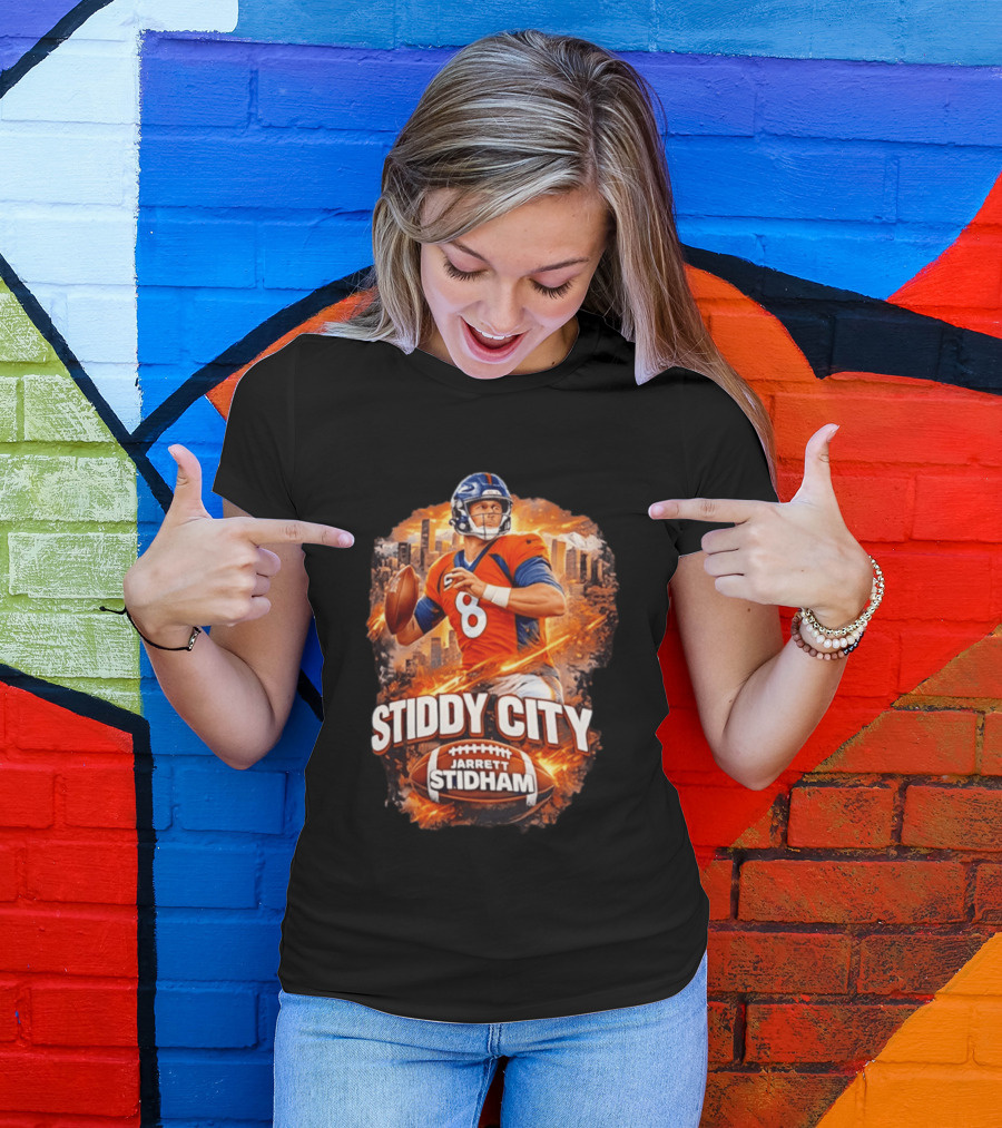 Stiddy City Jarrett Stidham Denver Broncos Quarterback 8 Urban Skyline Football T-Shirt