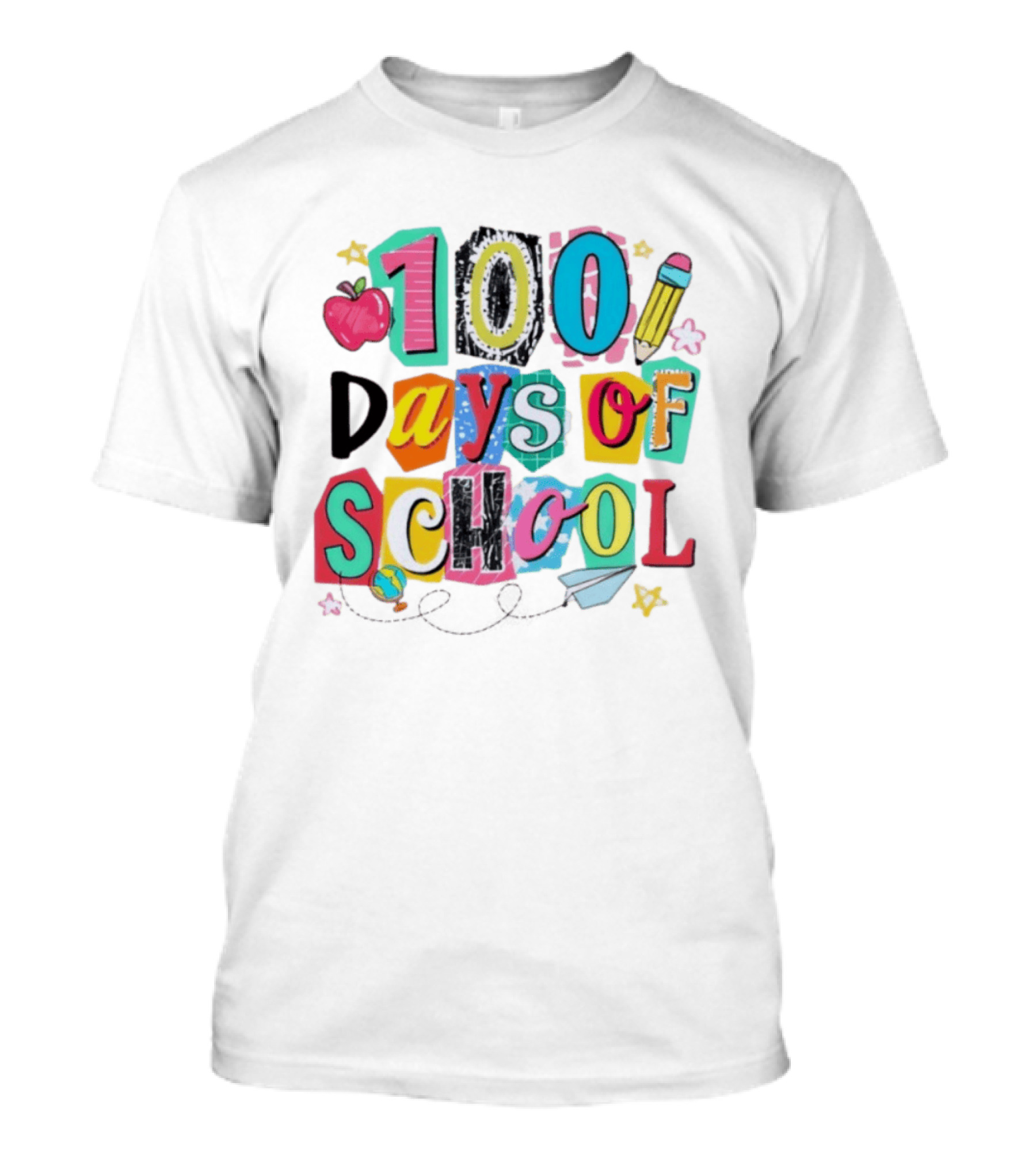 100 Days Of School Celebration Apple Pencil Stars Paper Plane Classroom T-Shirt