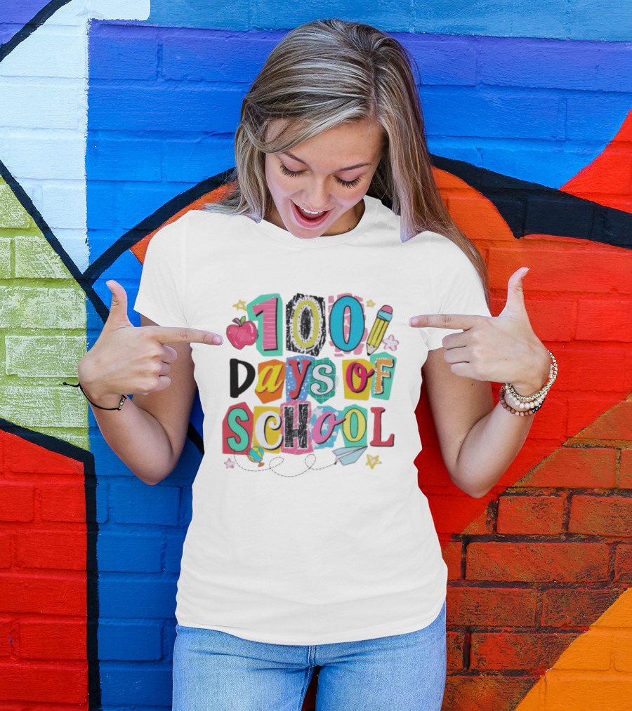 100 Days Of School Celebration Apple Pencil Stars Paper Plane Classroom T-Shirt