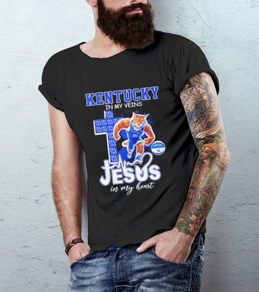 Kentucky Wildcats In My Veins Jesus In My Heart Wildcat Cross T-Shirt