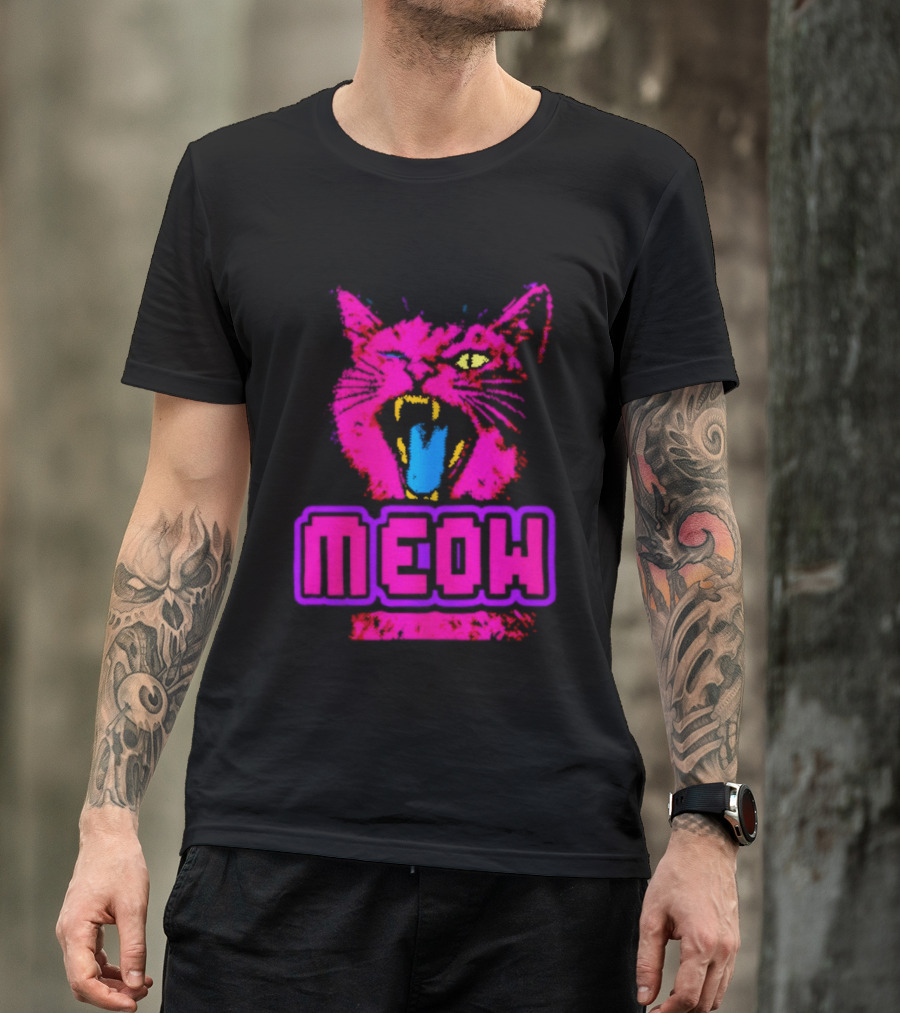 Neon Pink Angry Cat MEOW Cyberpunk Aesthetic Retro Futuristic T-Shirt