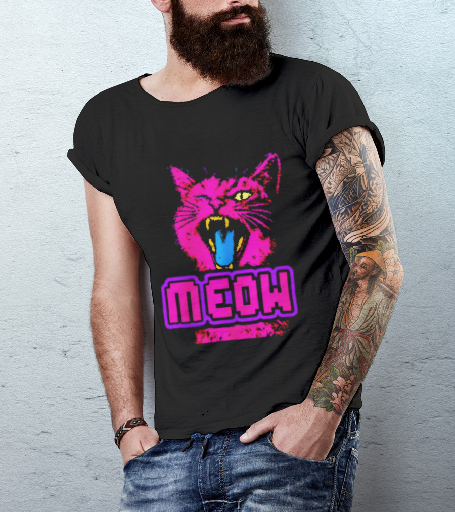 Neon Pink Angry Cat MEOW Cyberpunk Aesthetic Retro Futuristic T-Shirt
