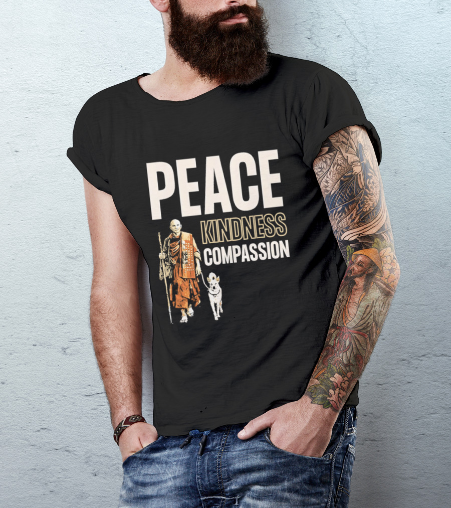 Peace Kindness Compassion Monk And Aloka Dog Walking For Peace T-Shirt