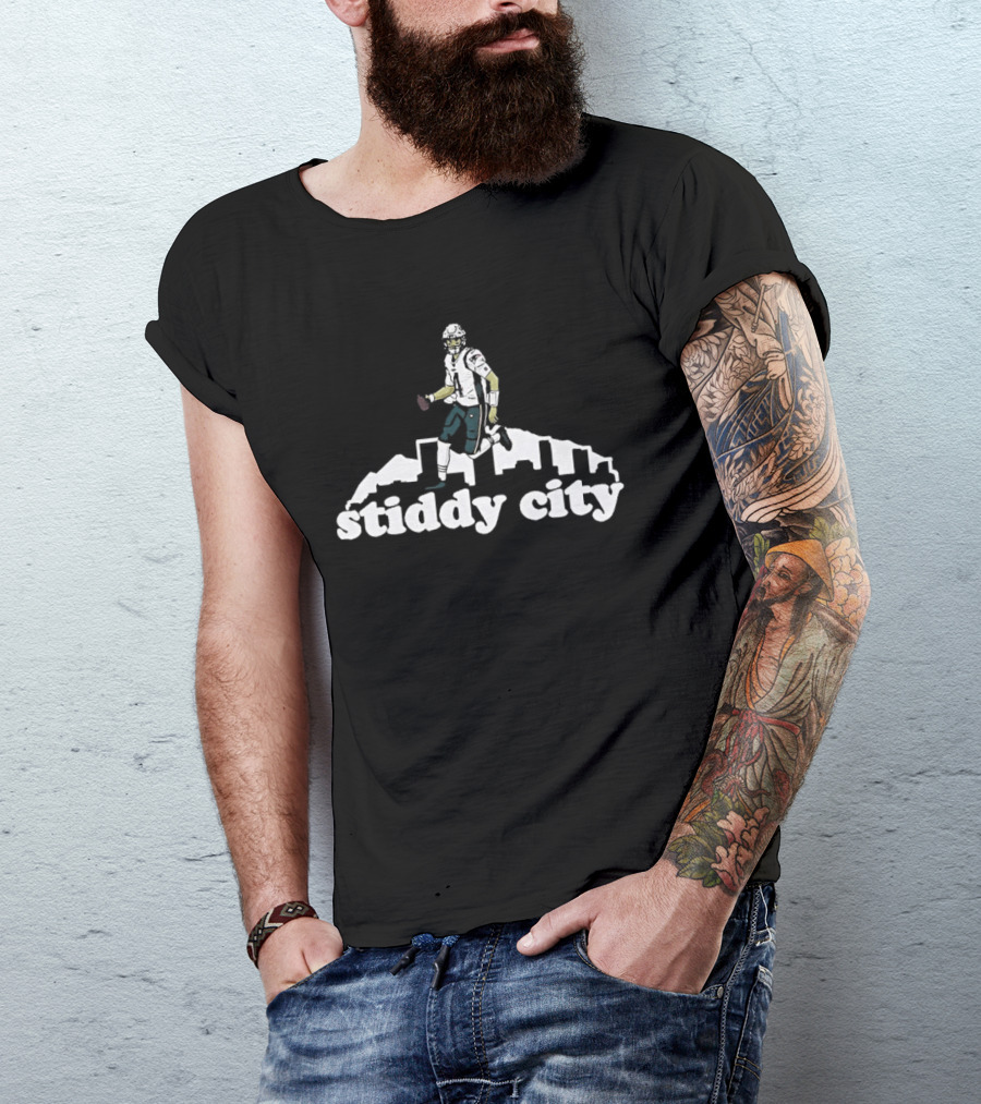 Stiddy City Jarrett Stidham Denver Broncos Skyline Football T-Shirt
