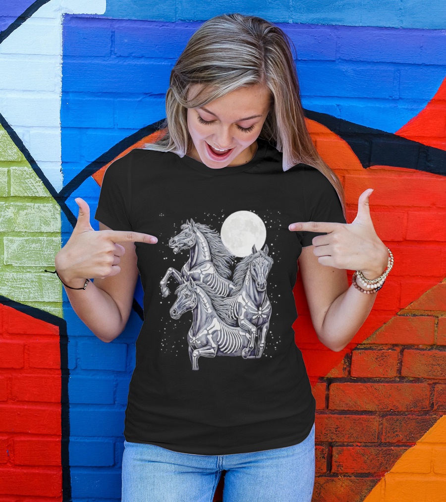 Three Horse Moon Día De Los Muertos Skeleton Horse T-Shirt