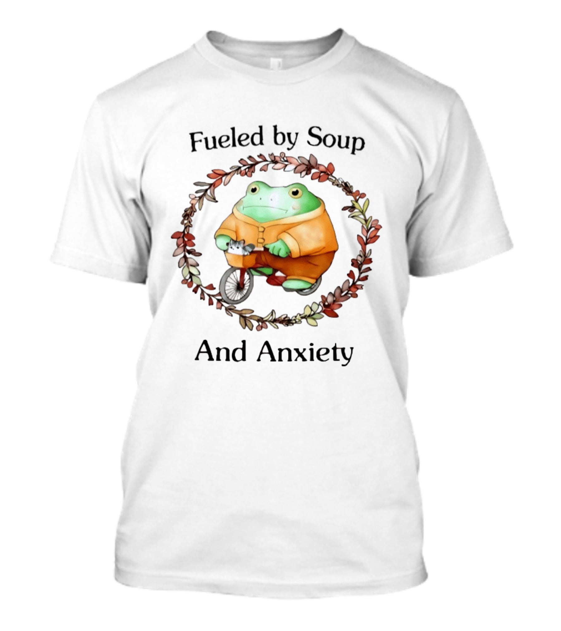 Fueled By Soup Frog Riding Scooter With Cat Surrounded By Autumn Leaves And Anxiety T-Shirt