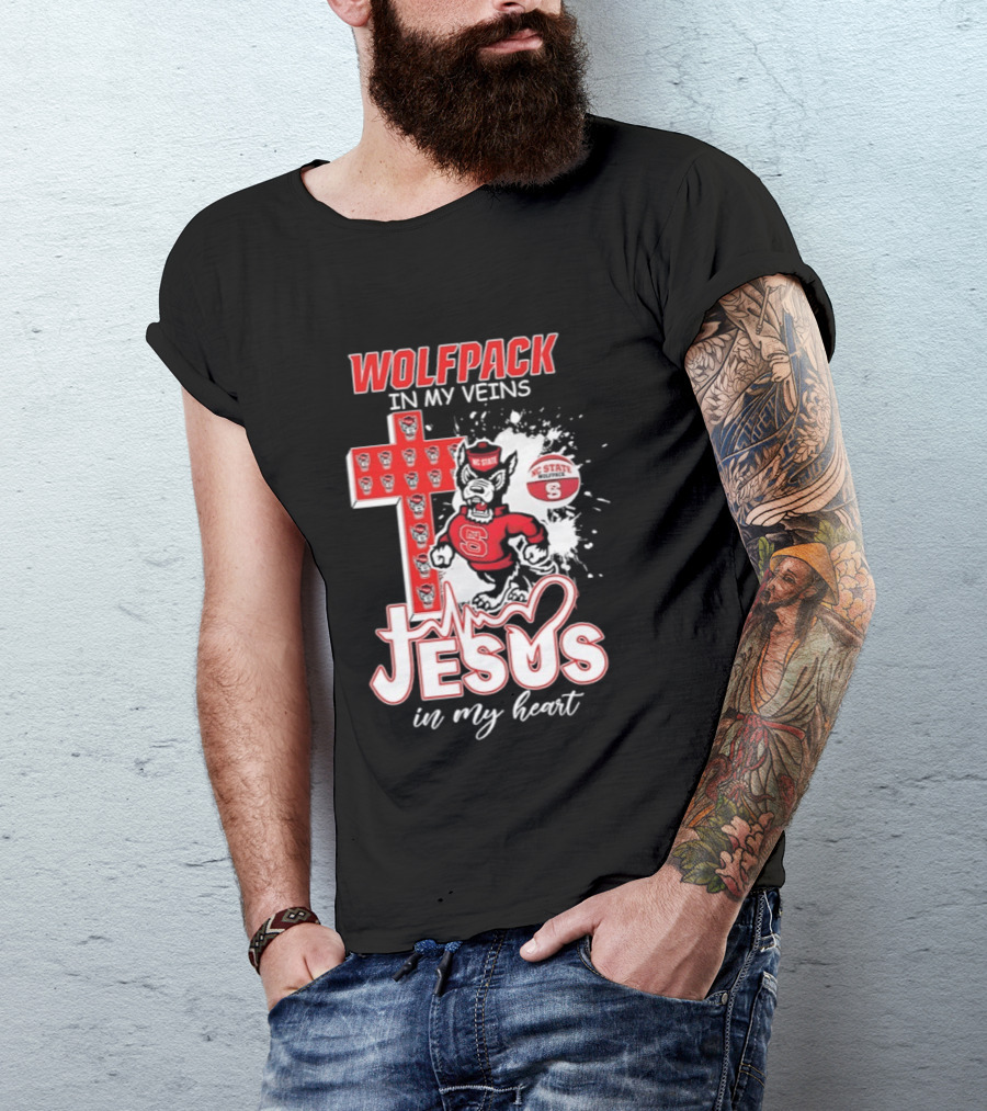NC State Wolfpack In My Veins Jesus In My Heart Faithful Cross T-Shirt