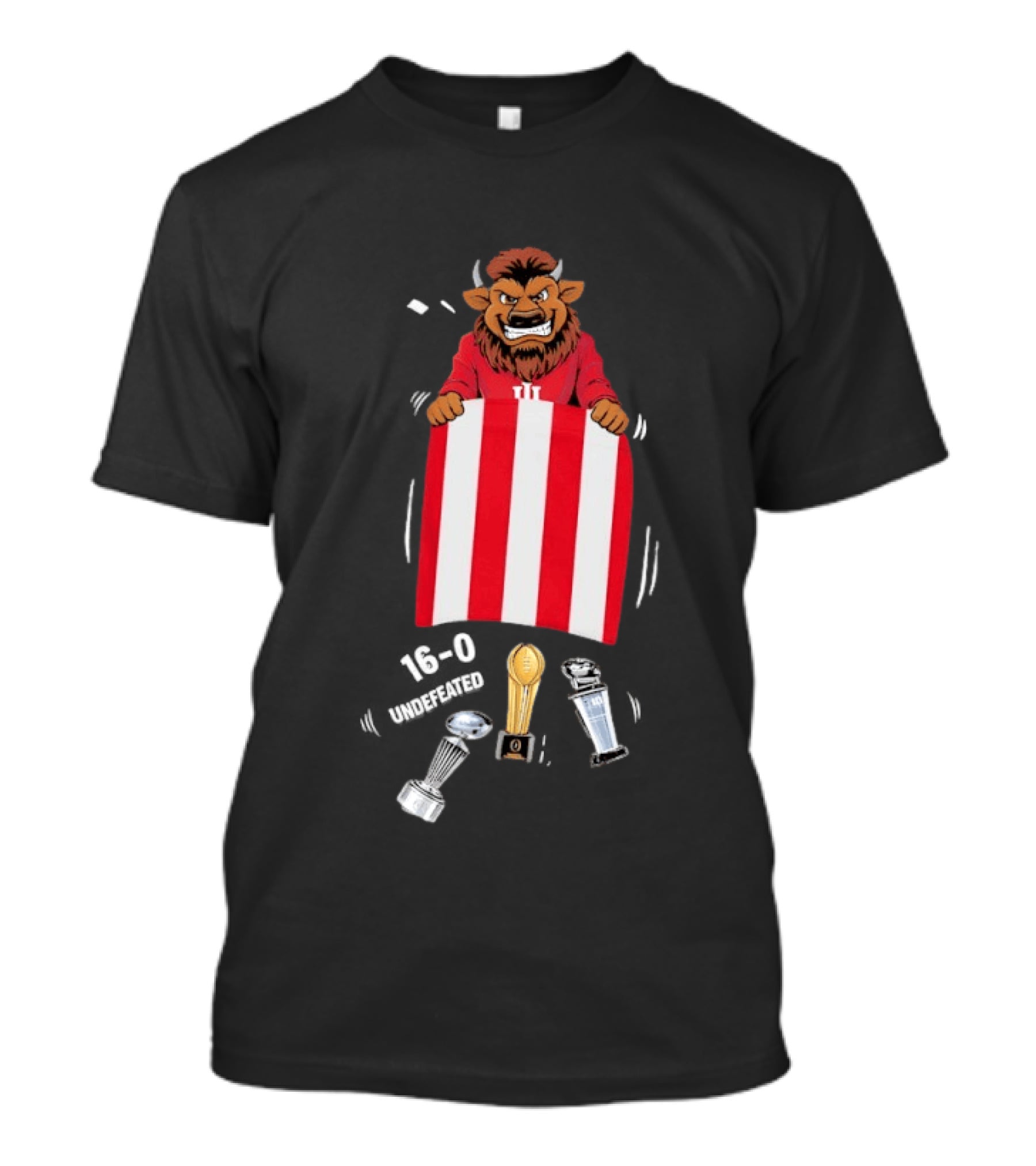 Indiana Hoosiers 16 0 Undefeated Mascot Holding Red White Flag And Trophies T-Shirt