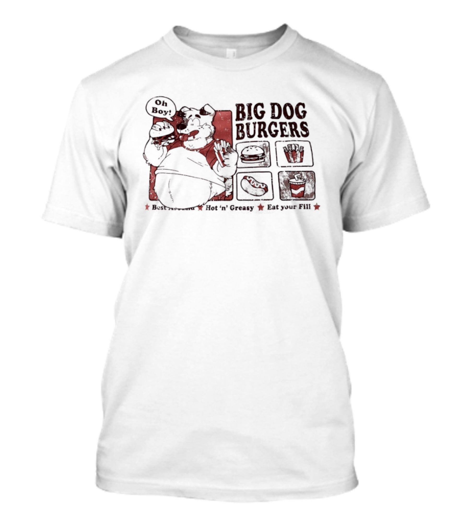 Big Dog Burgers Wolf Eating Cheese Burger Fries Funny Food Cartoon T-Shirt