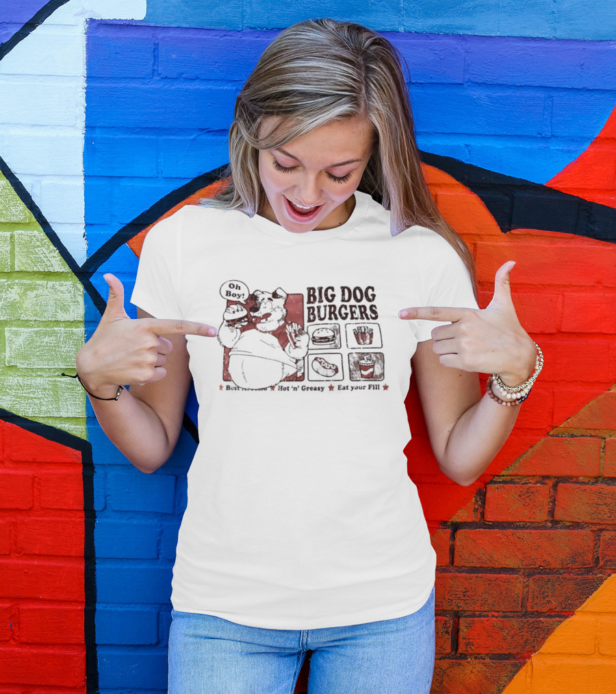 Big Dog Burgers Wolf Eating Cheese Burger Fries Funny Food Cartoon T-Shirt