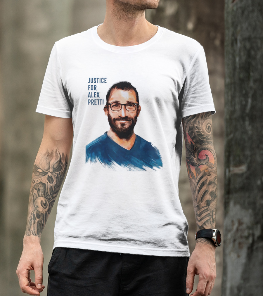 Justice For Alex Pretti Painting Portrait With Glasses And Blue T-Shirt
