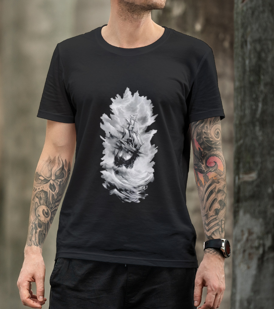 Driven By The Storm Sailing Ship Amidst Thunderous Waves T-Shirt