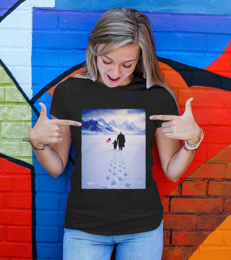 The White House Donald Trump Walking With Penguin American Canadian Flags Snowy Mountains T-Shirt