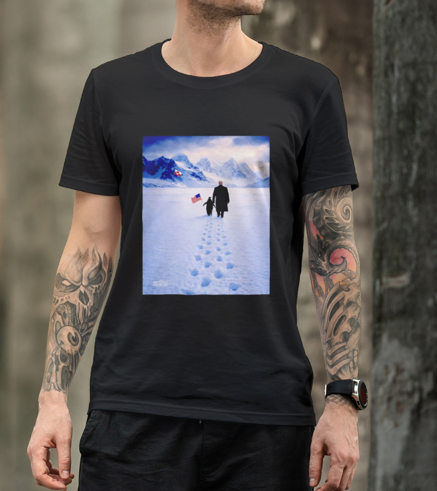The White House Donald Trump Walking With Penguin American Canadian Flags Snowy Mountains T-Shirt