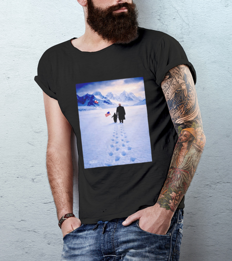 The White House Donald Trump Walking With Penguin American Canadian Flags Snowy Mountains T-Shirt