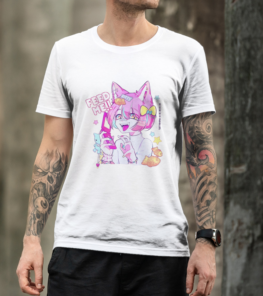 Anime Feed Me Pastel Kawaii Catgirl Eating Fish Cookies T-Shirt