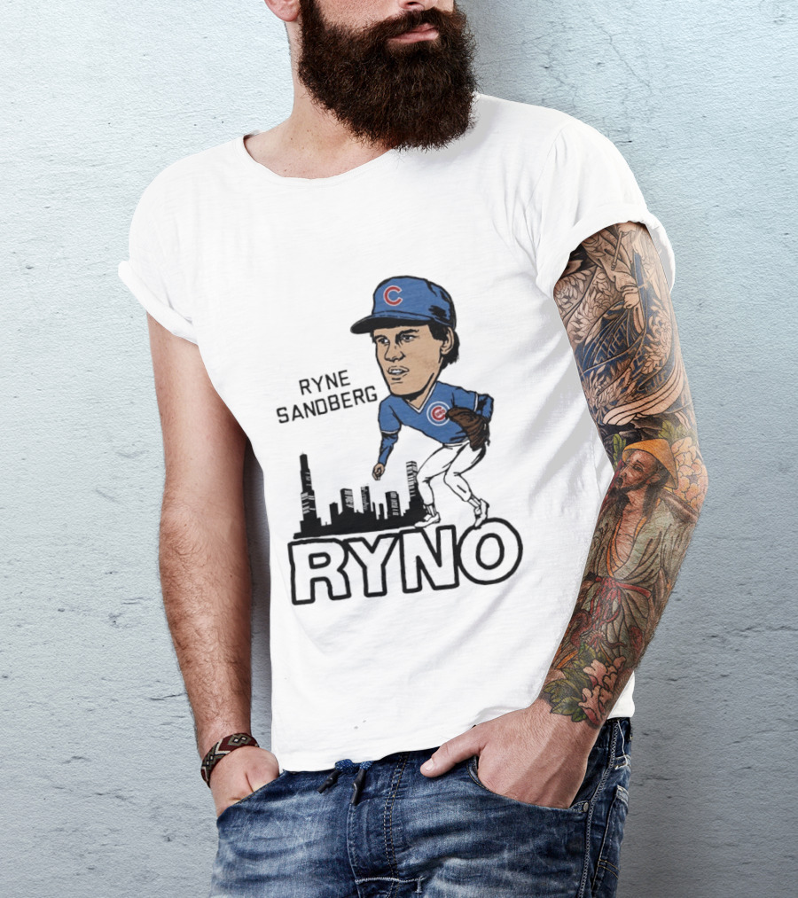 Ryne Sandberg Ryno Chicago Cubs Cartoon Skyline T-Shirt
