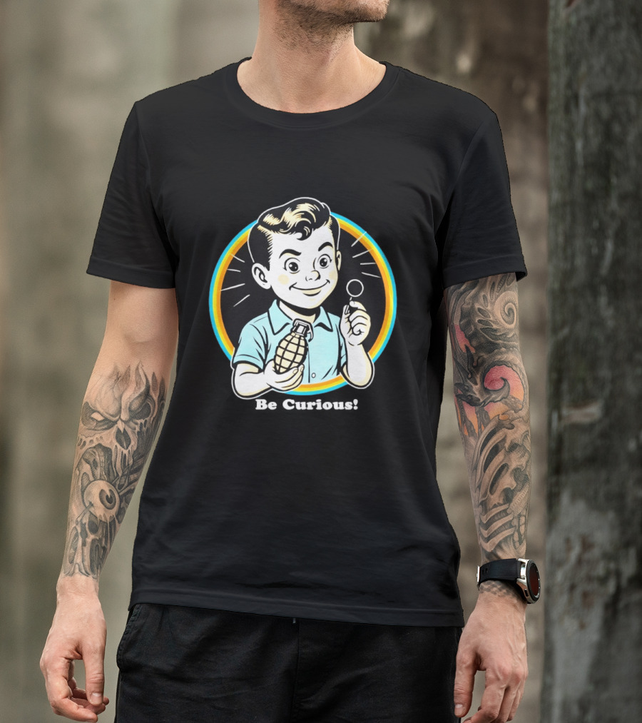 Be Curious Retro Comic Style Boy Holding Grenade And Pin T-Shirt