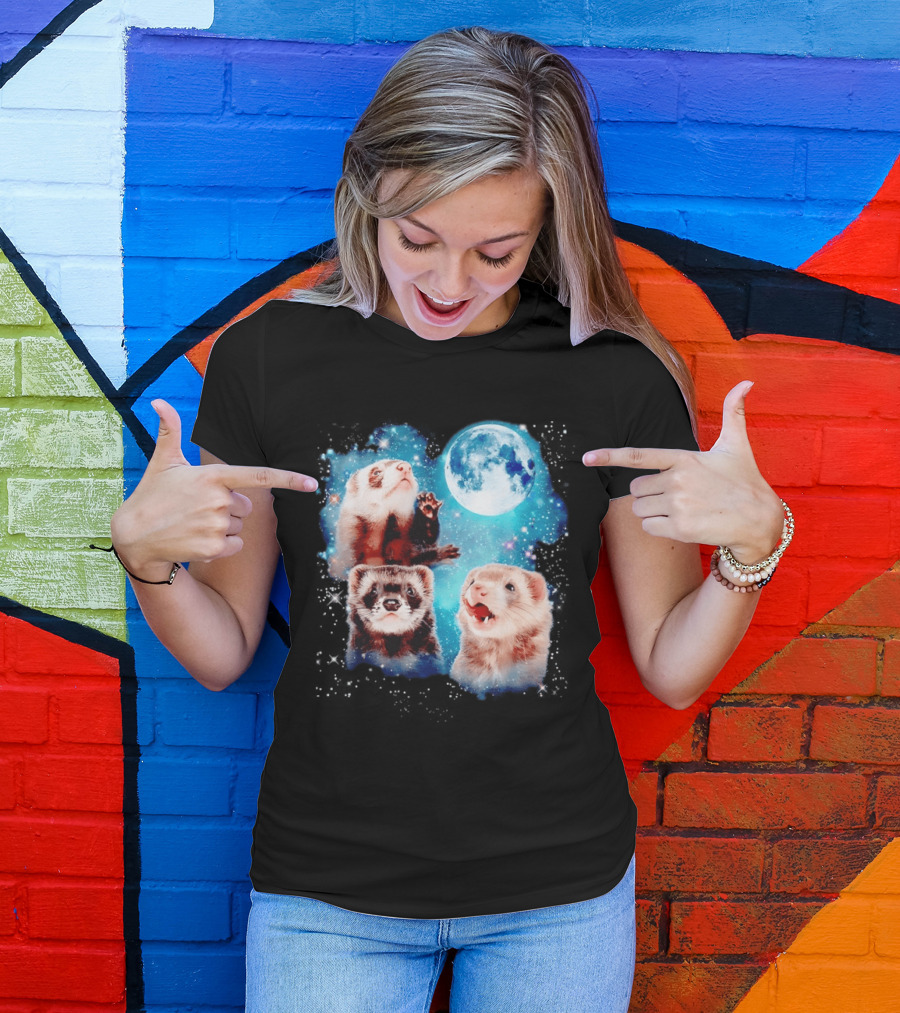 Ferret Trio With Full Moon And Starlit Sky T-Shirt