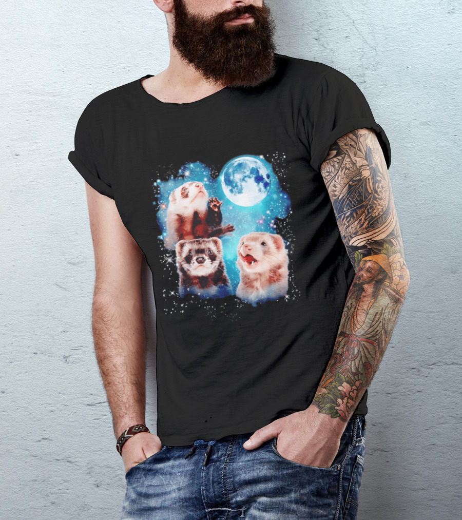 Ferret Trio With Full Moon And Starlit Sky T-Shirt