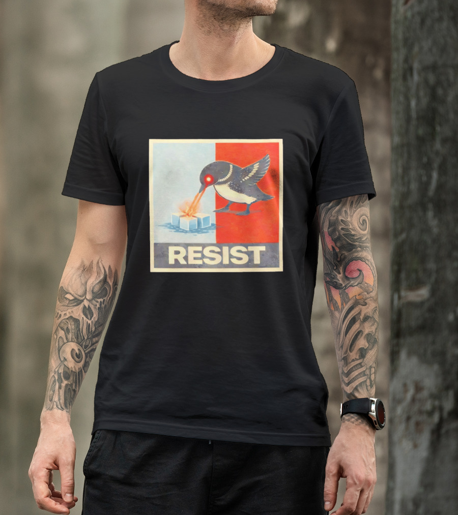 Resist Penguin Melting Ice Laser Eyes Red Blue Split T-Shirt