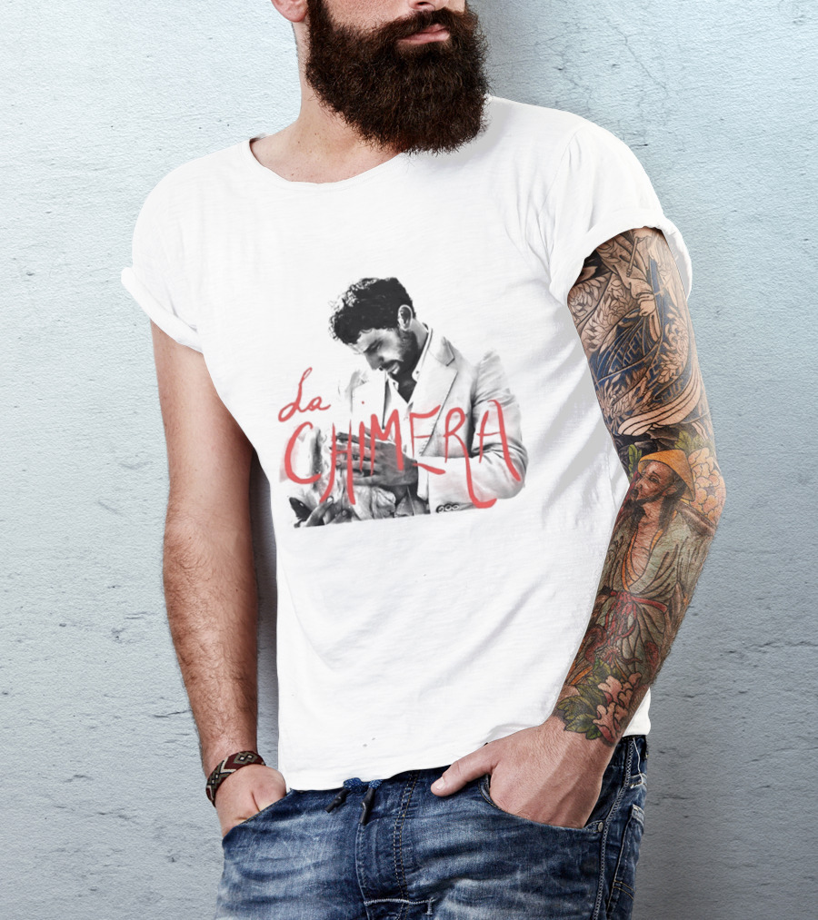 La Chimera Film Red Neon Style Text Over Mysterious Figure T-Shirt