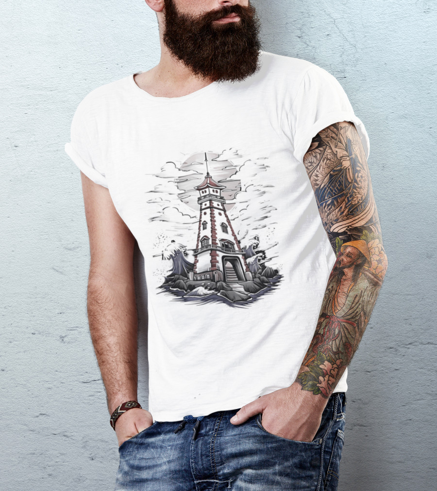 Lighthouse Under Full Moon With Dark Clouds T-Shirt