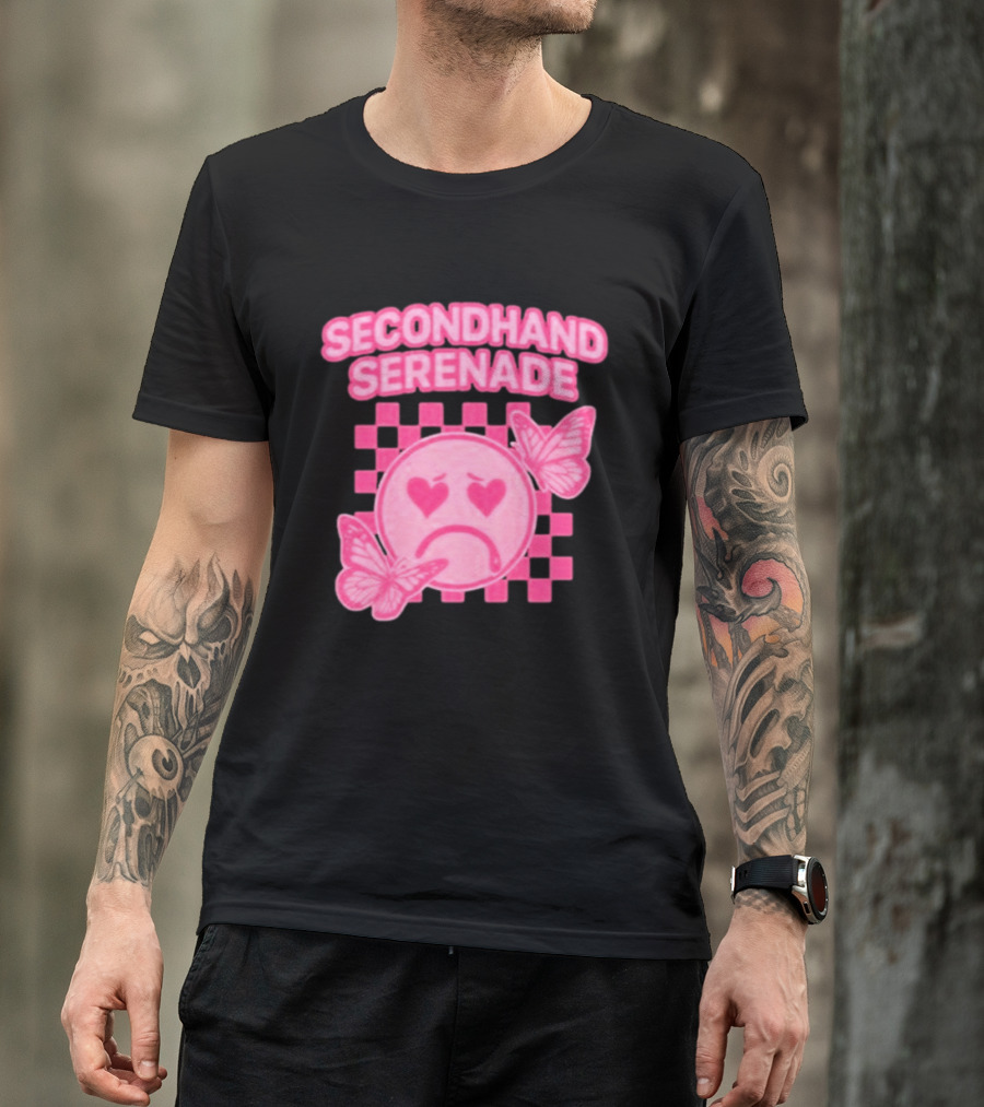 Secondhand Serenade Sad Emo Pink Heartbroken Face With Butterflies T-Shirt