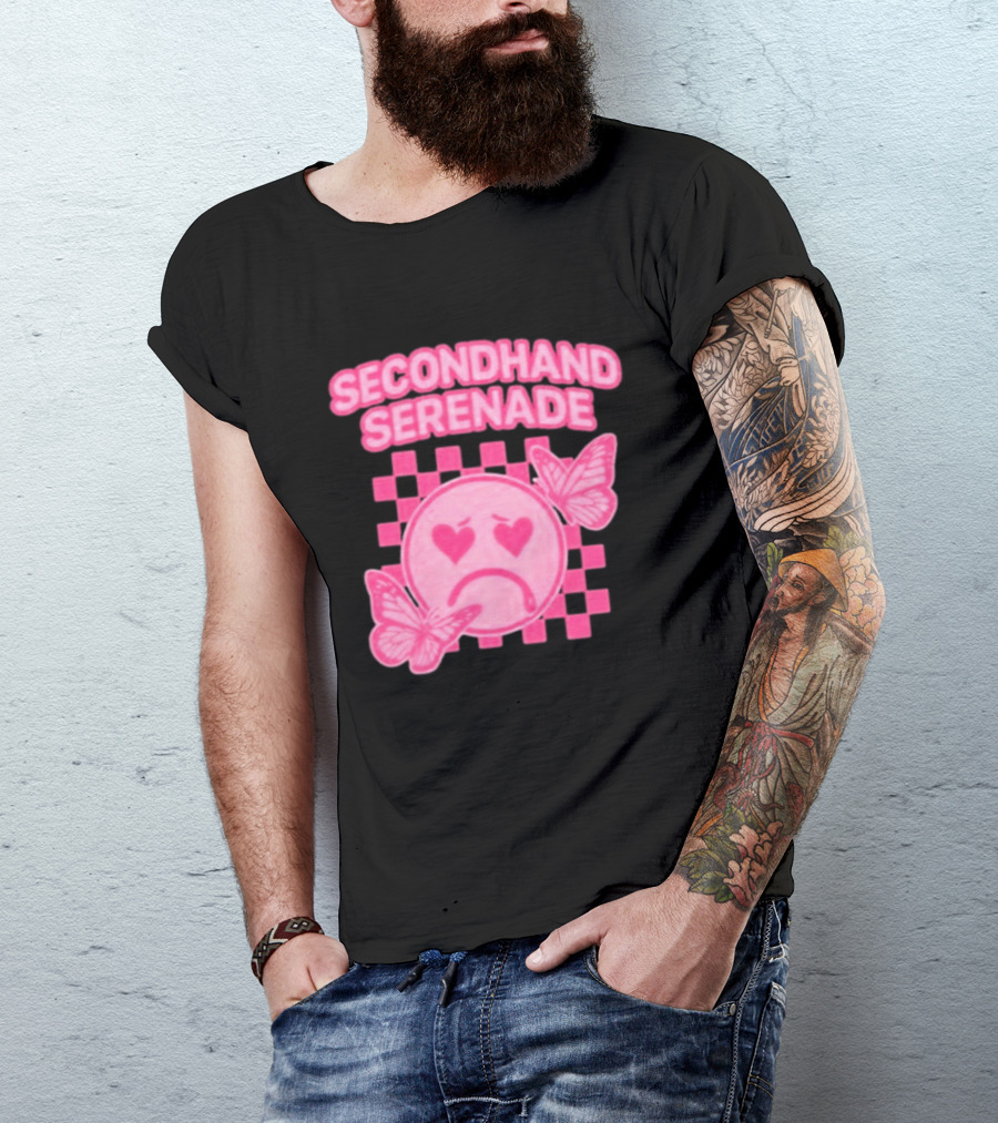 Secondhand Serenade Sad Emo Pink Heartbroken Face With Butterflies T-Shirt