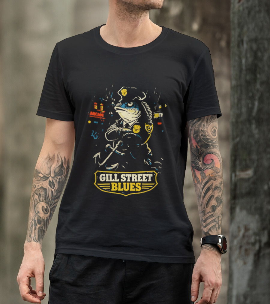 Gill Street Blues Police Fish Retro Cartoon T-Shirt