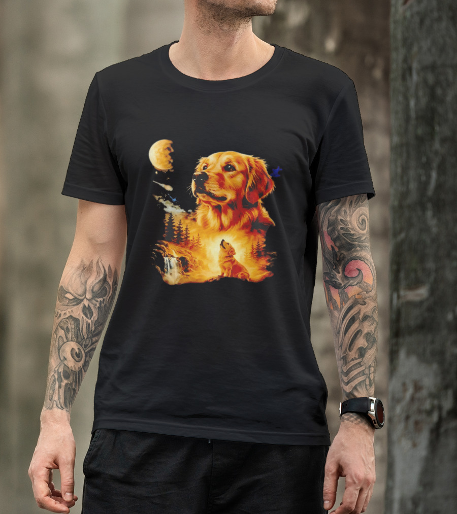 Golden Retriever Majestic Night Howl At Moonlit Waterfall T-Shirt