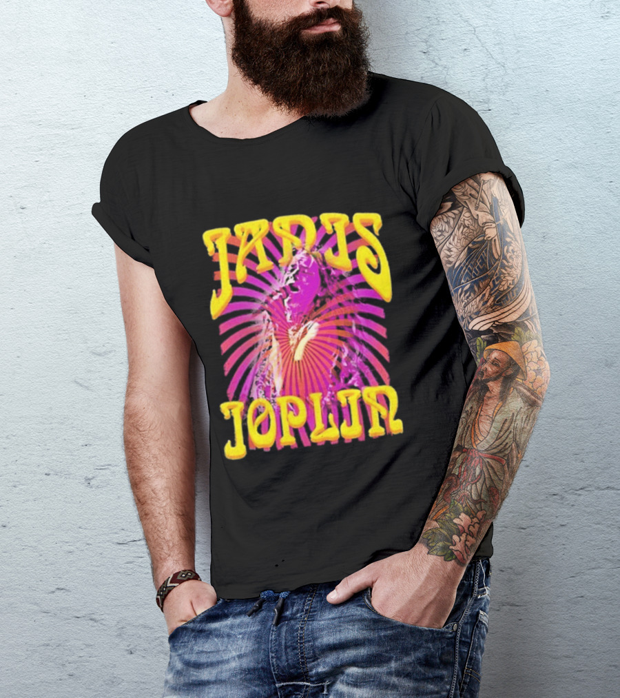 Janis Joplin Psychedelic Swirl Vibrant Yellow Text Pink Burst T-Shirt