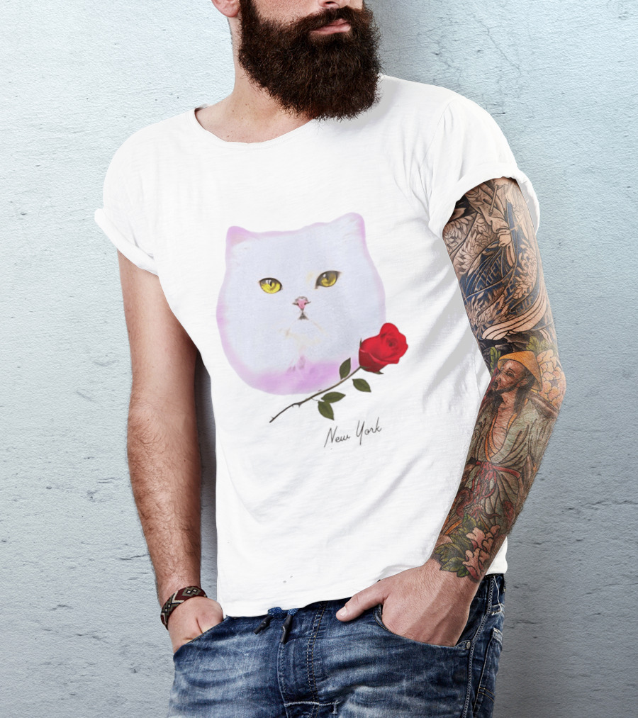 Cat Rose New York White Cat Face Yellow Eyes Red Rose T-Shirt