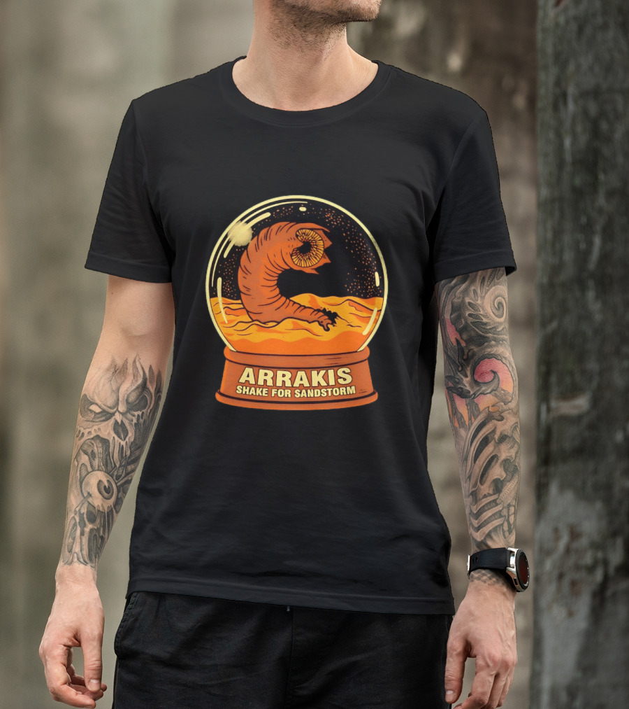 Arrakis Shake For Sandstorm Snow Globe Iconic Sandworm And Desert Scene T-Shirt