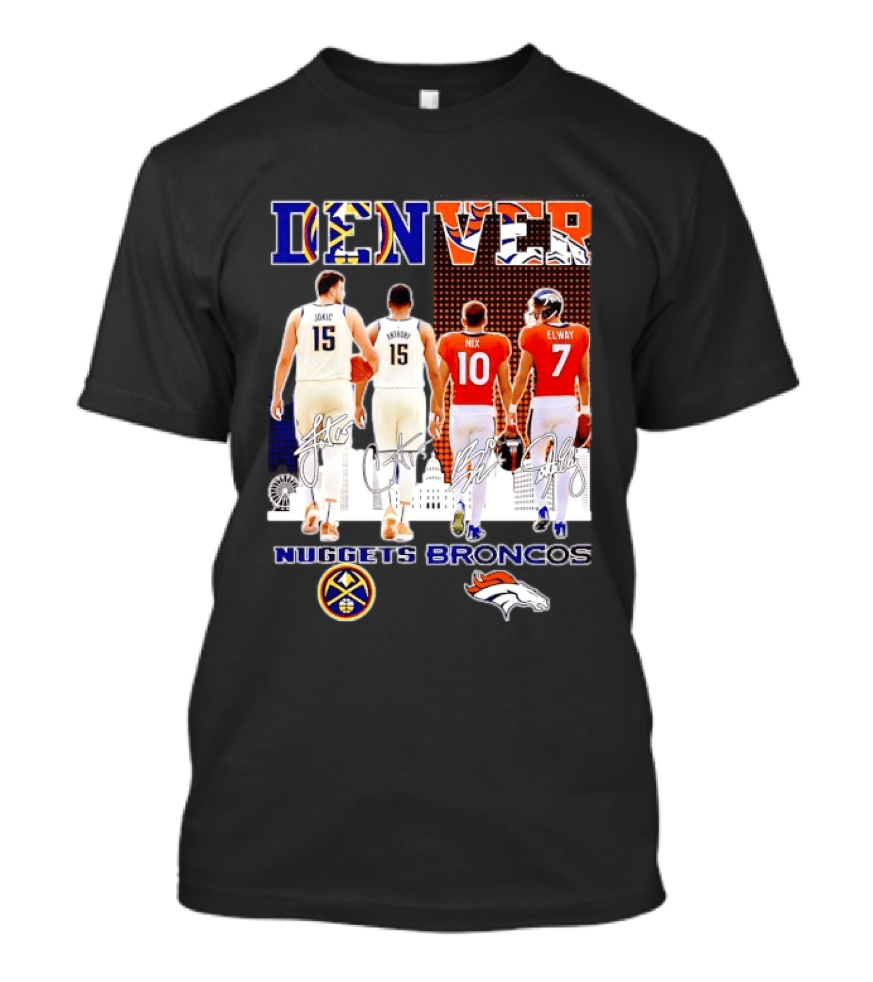 Denver Nuggets Broncos Jokic Anthony Nix Elway City Skyline Basketball Football T-Shirt