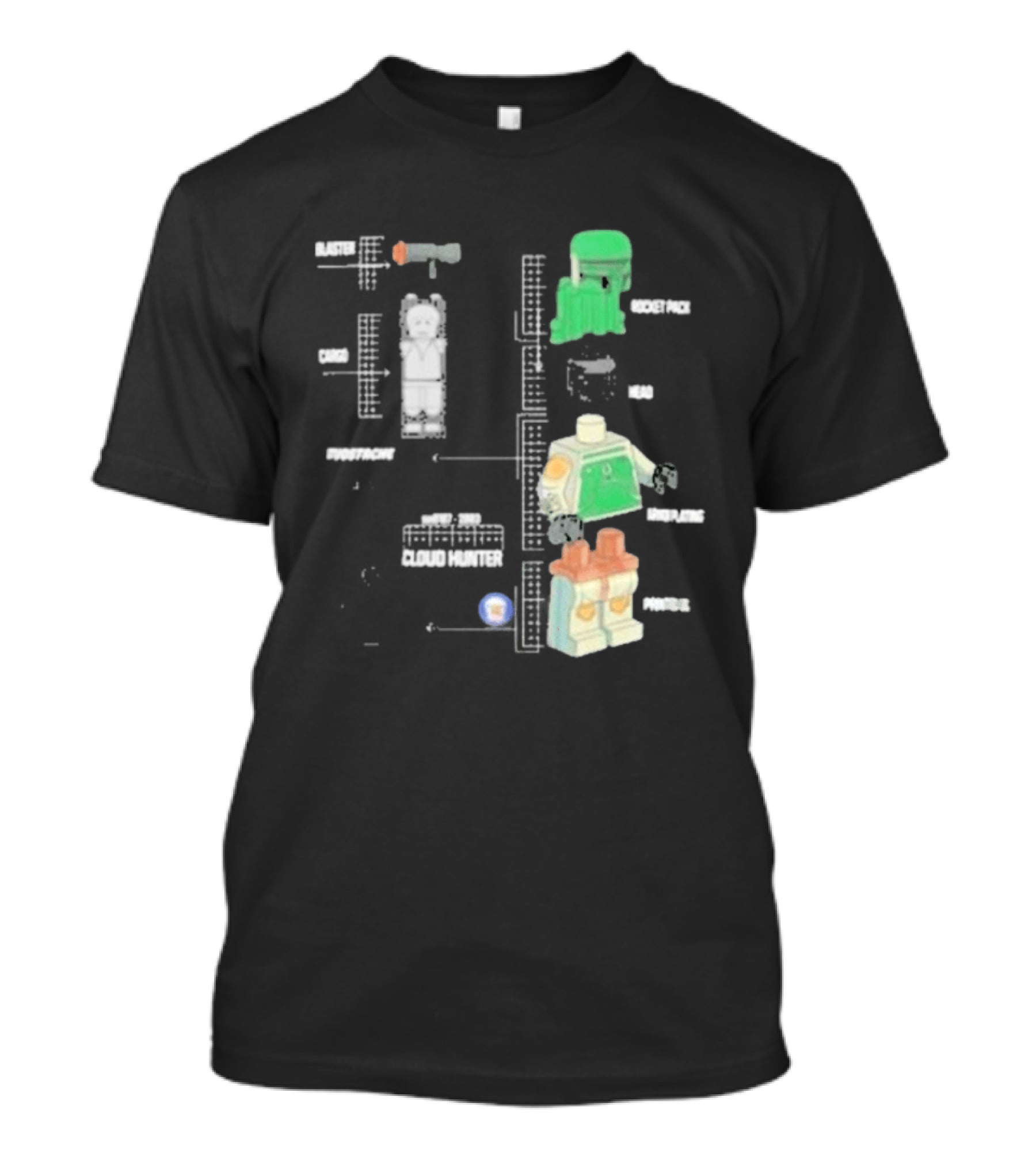 Studstache Cloud Hunter Blueprint With Block Figures And Sci Fi T-Shirt