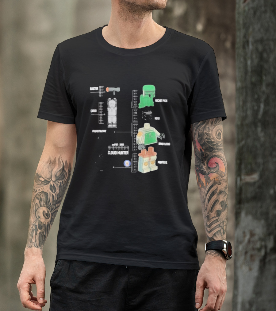 Studstache Cloud Hunter Blueprint With Block Figures And Sci Fi T-Shirt