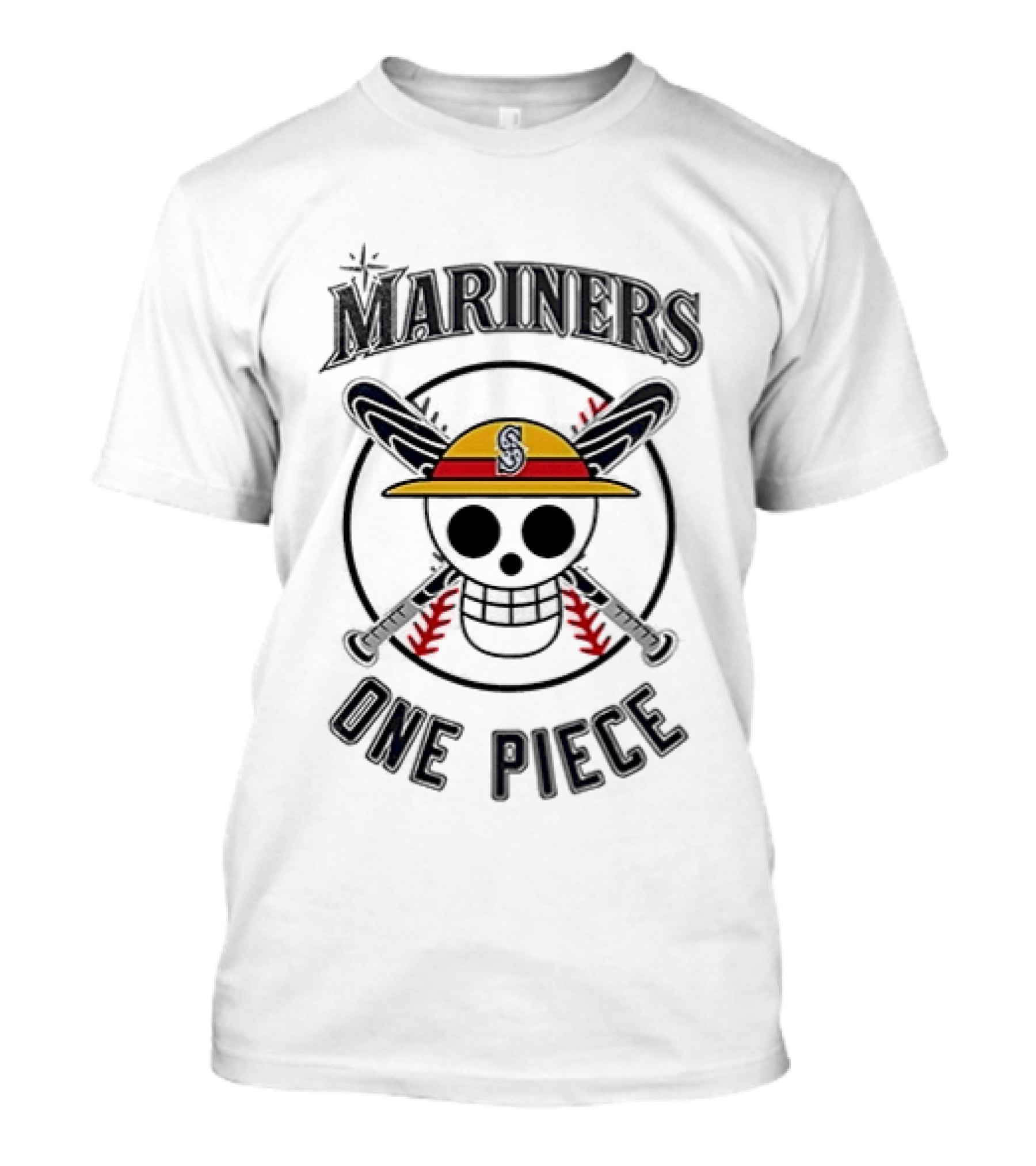 Seattle Mariners One Piece Crossover Collaboration Skull Hat Bats T-Shirt