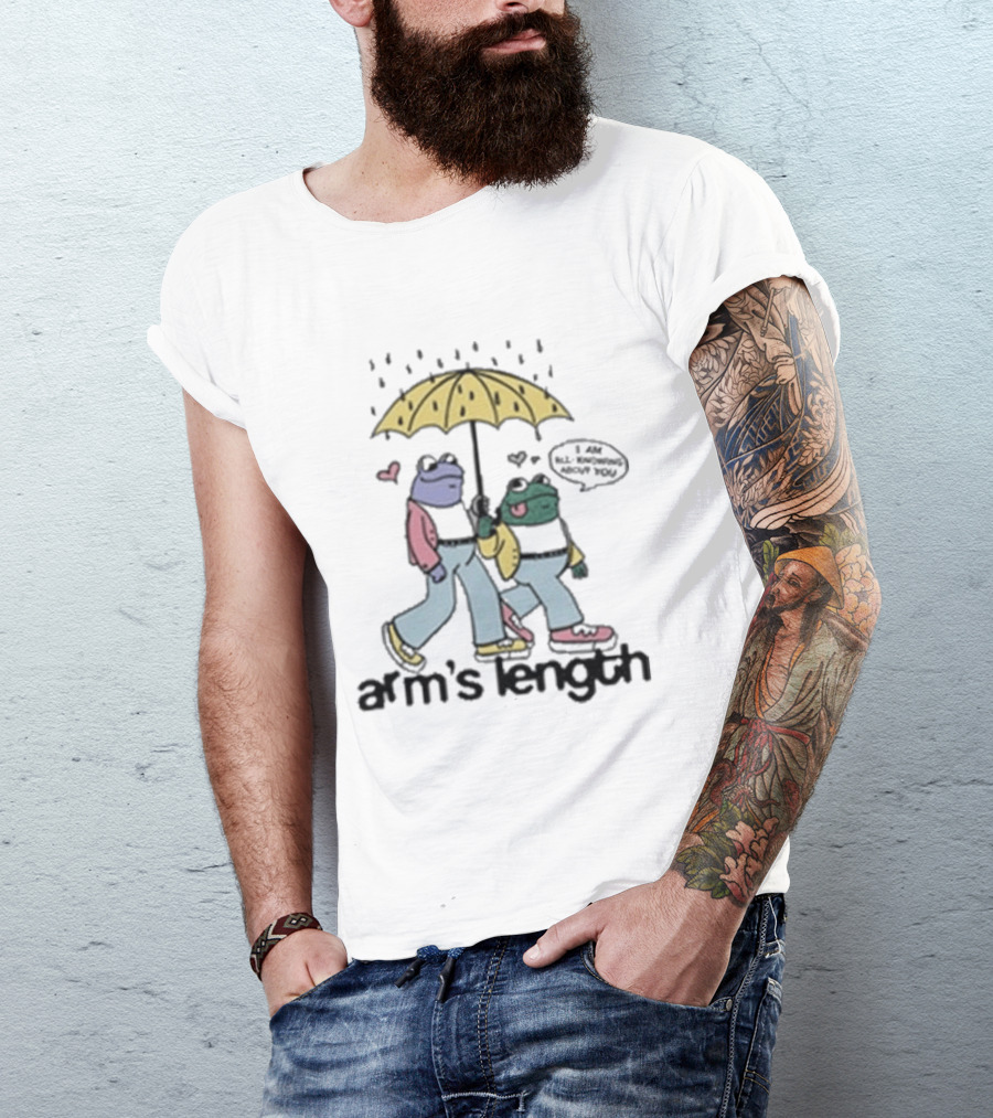Arm's Length Frog And Toad Walking Under Umbrella With Love Hearts T-Shirt
