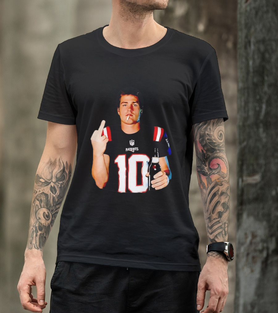 Drake Maye Middle Finger Smoking Holding Beer Can New England Patriots 10 T-Shirt