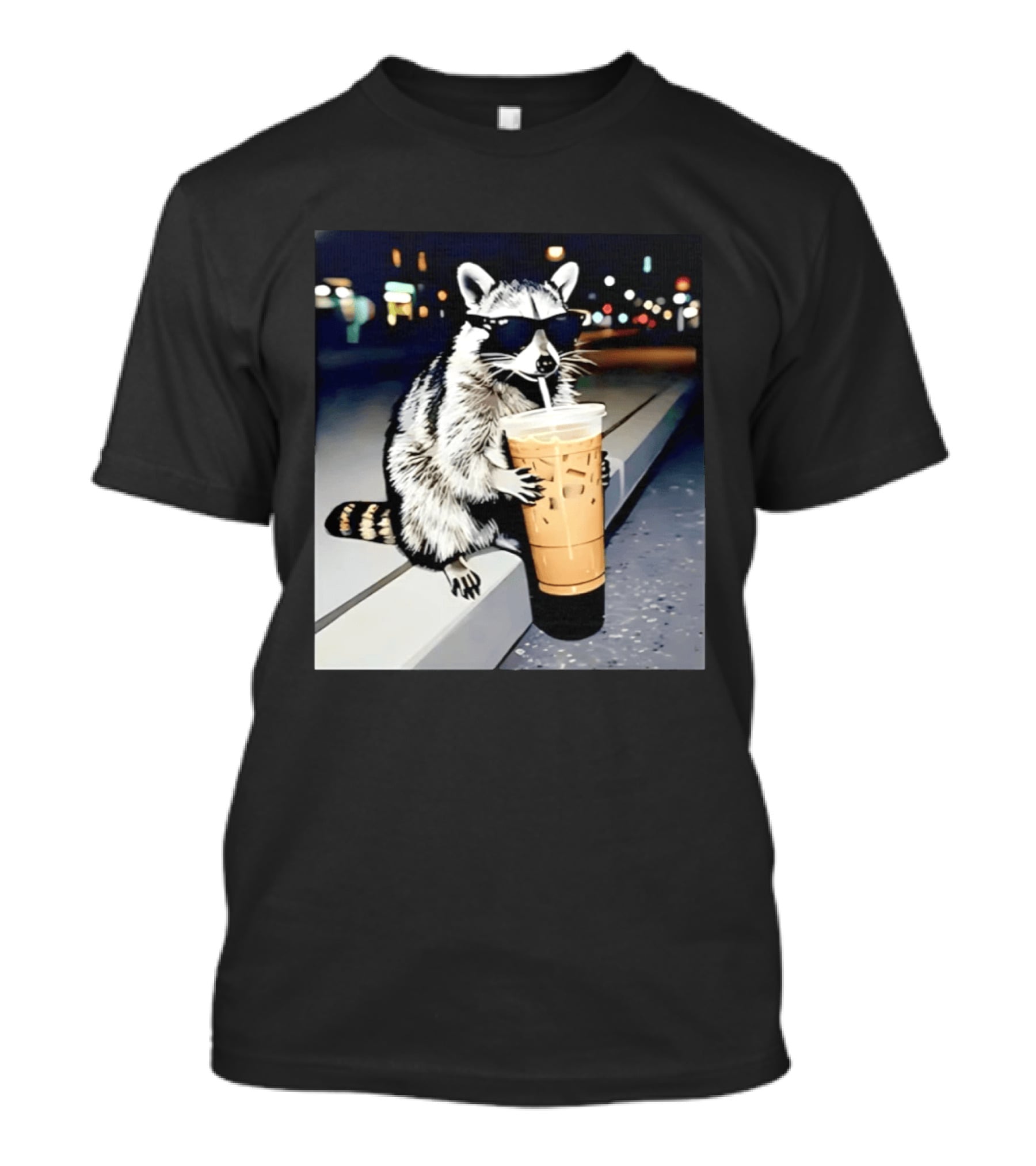 Raccoon Wearing Sunglasses Enjoying Iced Coffee Night Scene T-Shirt